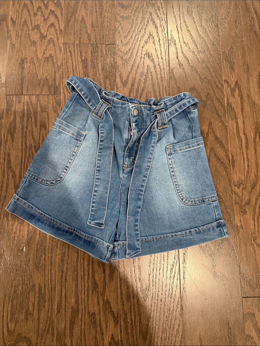 Kids Denim Paperbag Waist Tie Shorts - Blue